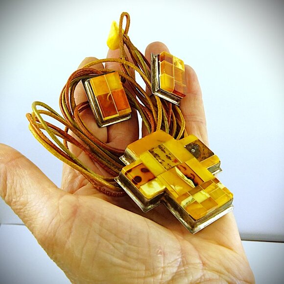 925 Silver and Mosaic Baltic Amber Set: Cross Earrings Multi Leather Cord